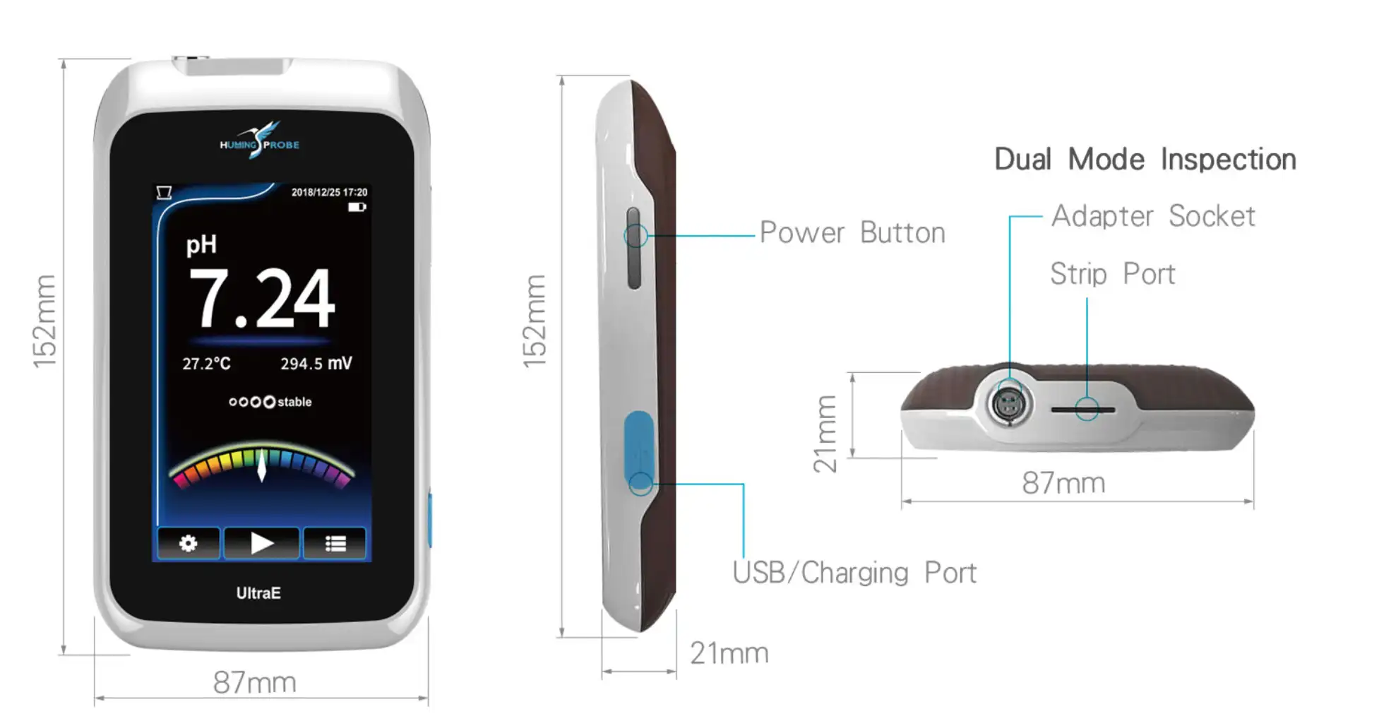 The introduction of the dimension and the interfaces of the calibration-free micro disposable pH meter/pH measurement system/ Humming Probe UX100/UltraE